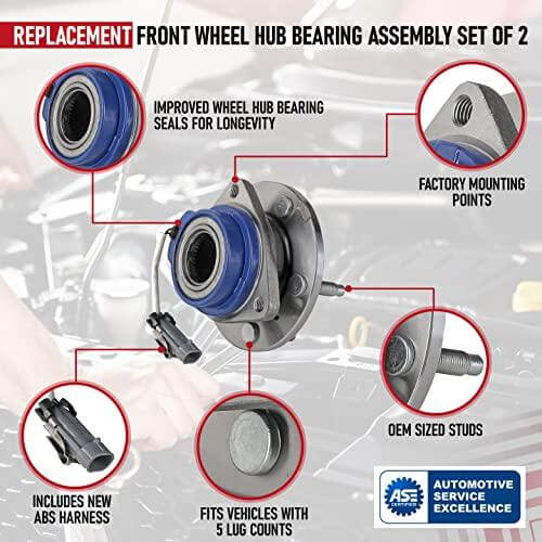 Front Wheel Hub Bearing Assembly - Set of 2 - Compatible - Chevy, Buick, Cadillac, Oldsmobile, Pontiac - Impala, Monte Carlo, Century, Grand Prix, Replaces 513121, 12429203, 88964168 - ABS - Buy Bearings online